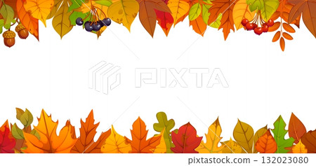 Autumn fall season leaves, berries and acorns border frame. Happy Thanksgiving day template with fall foliage and berries on top and bottom. Cartoon vector horizontal blank for seasonal celebrations Autumn fall season leaves, berries and acorns border frame. Happy Thanksgiving day template with fall foliage and berries on top and bottom. Cartoon vector horizontal blank for seasonal celebrations 132023080