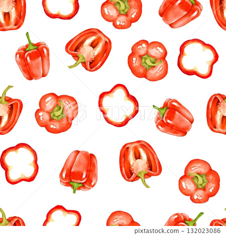 Hand-drawn illustration of a seamless pattern with red bell peppers and slices. Perfect for food packaging, kitchen decor, and textile design. Hand-drawn illustration of a seamless pattern with red bell peppers and slices. Perfect for food packaging, kitchen decor, and textile design. 132023086