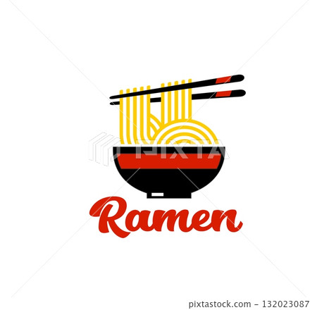 Asian cuisine cafe ramen noodle icon or badge. Chinese fast food ramen sign, Asian cuisine restaurant vector emblem. Japanese food cafe menu symbol with bowl, chopsticks and handwritten typography 132023087
