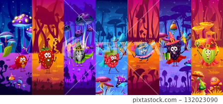 Halloween holiday berry fairy, wizard and mage characters collage in fairy forest vector background. Funny strawberry, raspberry, gooseberry and blackberry fruit characters with magic wands and hats Halloween holiday berry fairy, wizard and mage characters collage in fairy forest vector background. Funny strawberry, raspberry, gooseberry and blackberry fruit characters with magic wands and hats 132023090