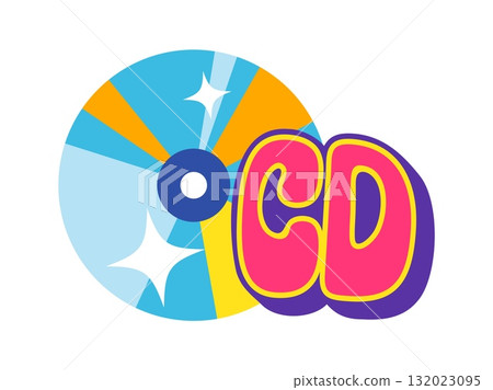 Compact disc Y2K groovy sticker or retro print. Retro positive funky vector tag, hippie cute cartoon sticker. Vintage 80s groovy label or funny 60s Y2K patch with computer or music album CD dics 132023095