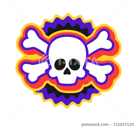 Pirate skull and bones retro Y2K sticker or symbol. Filibuster nautical 60s Y2K sticker, corsair treasure hunting vector patch. Piracy and marine tag with Jolly Roger human skull and crossed bones 132023120