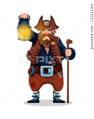 Corsair pirate captain with lantern cartoon character. Filibuster captain cheerful isolated personage. Grumpy old pirate sailor character in tricorn hat, smoking pipe, holding lantern light and staff 132023164