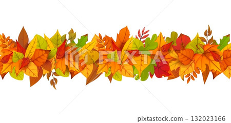 Autumn border with season falling leaves. Cartoon vector fall garland, seasonal festive arrangement of natural elements for banners, invitations, or holiday events. Horizontal herbal divider or frame 132023166