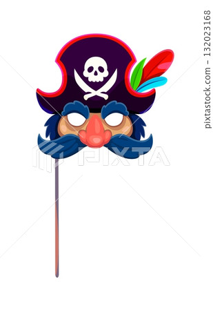 Caribbean pirate face with blue mustaches photo booth mask. Buccaneer captain vector prop, kids photo booth costume element. Pirate skipper face mask with corsair tricorn hat, Jolly Roger, mustaches 132023168