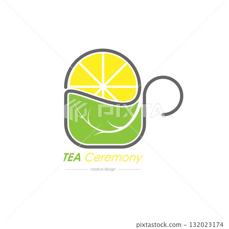 A cup of tea with lemon. Logo for business. Color pictogram for booklets, menus, stickers. Flat style A cup of tea with lemon. Logo for business. Color pictogram for booklets, menus, stickers. Flat style 132023174