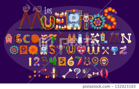 Cartoon mexican Day of the Dead font, death holiday typeface, Dia de los Muertos type letters, ritual alphabet. Vector typography letters and numbers set of cartoon Day of the Dead holiday symbols Cartoon mexican Day of the Dead font, death holiday typeface, Dia de los Muertos type letters, ritual alphabet. Vector typography letters and numbers set of cartoon Day of the Dead holiday symbols 132023183