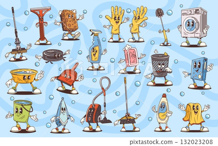 Cartoon groovy cleaning, washing and household characters. Mop, window scraper, rubber gloves, vacuum cleaner and trash bucket, detergent, household machines and tools groovy vector characters set 132023208
