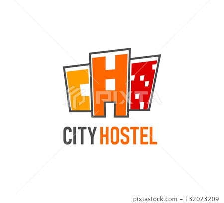 Hostel and hotel business abstract icon or emblem. Resort hostel emblem, rental accommodation business graphic vector symbol. Hotel icon or travel motel company abstract sign with city buildings Hostel and hotel business abstract icon or emblem. Resort hostel emblem, rental accommodation business graphic vector symbol. Hotel icon or travel motel company abstract sign with city buildings 132023209