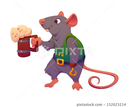 Cartoon rat animal pirate funny character. Corsair sailor, filibuster skipper funny animal isolated vector personage. Cheerful rat or mouse pirate sailor character with hand hook, holding beer tankard 132023214
