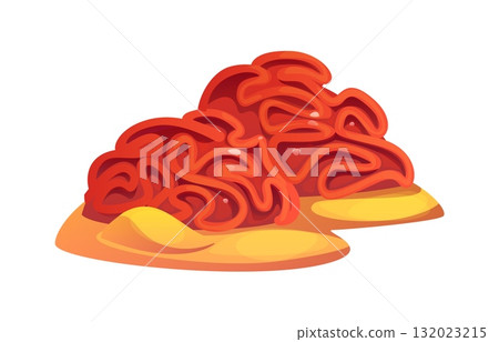 Cartoon ocean coral reef sponge, underwater seaweed. Coral reef undersea life vector plant or organism, ocean aquatic algae. Aquarium underwater or tropical sea seaweed with wavy curly red surface Cartoon ocean coral reef sponge, underwater seaweed. Coral reef undersea life vector plant or organism, ocean aquatic algae. Aquarium underwater or tropical sea seaweed with wavy curly red surface 132023215