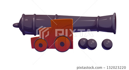 Corsair pirate cartoon cannon firearm weapon. Filibuster sail ship 18th century isolated vector firearm, buccaneer bandit vessel isolated medieval gunpowder weapon. Pirate cannon gun and cannonballs 132023220