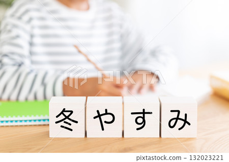 Elementary school boy studying with winter break blocks 132023221