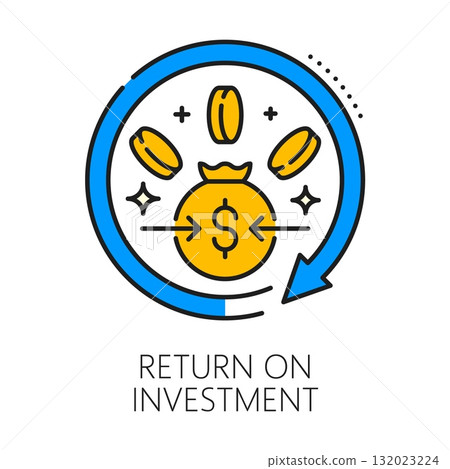 Investment return, business color line icon or label. Stock market investor lineart vector icon, capital fund thin line pictogram. Investment profit return symbol with golden coins, money sack 132023224