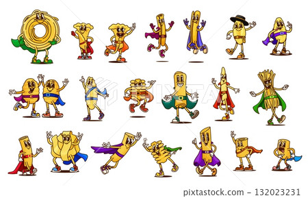 Cartoon groovy italian pasta superhero characters wearing hero costumes and capes. Retro psychedelic italian pasta food vector personages of noodle, gnocchi and capellini, groovy ziti, and vermicelli 132023231