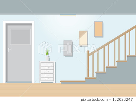 Interior with wooden stairs and door. 132023247