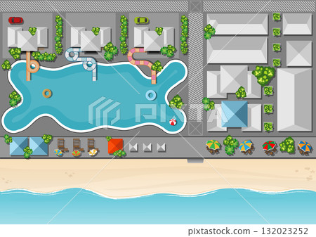 Resort swimming pool and slides from top down aerial view on sunny morning including beach. Resort swimming pool and slides from top down aerial view on sunny morning including beach. 132023252