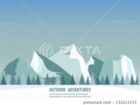 Scenic winter landscape with majestic mountain peaks. Scenic winter landscape with majestic mountain peaks. 132023253