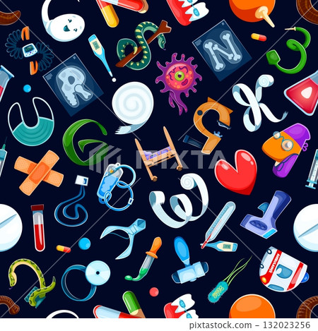 Cartoon medical font letter seamless pattern. Textile cartoon vector pattern. Healthcare seamless print with medical laboratory instruments, bandages, pills and x-ray, doctors badge alphabet letters 132023256