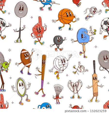 Groovy sport characters seamless pattern. Sport games vector seamless print or pattern with badminton and tennis racket, football, volleyball and basketball ball, baseballs bat groovy characters 132023259