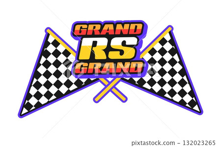 Motorsport rally race grand prix Y2K retro sticker or label. Rally formula 1 competition funky vector tag, motorsport Y2K label. Race championship patch with checkered flag and colorful typography 132023265