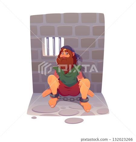 Corsair pirate cartoon character sitting in jail. Pirate skipper, corsair bandit funny vector character. Hairy, bearded pirate bandit personage sitting on floor in shackles inside of prison dungeon 132023266