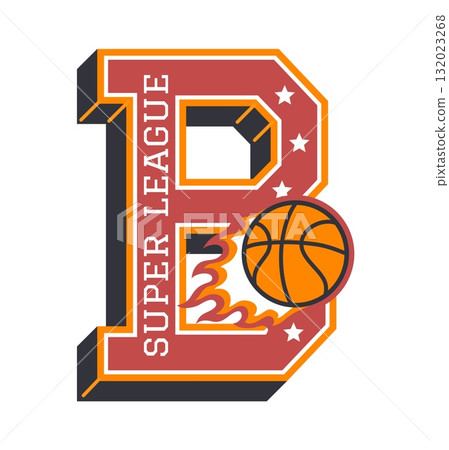 American varsity sport letter B, college team patch label. Athletic league vintage emblem vector sticker, varsity sport champion. Campus team retro badge or patch with baseball game ball in flames 132023268