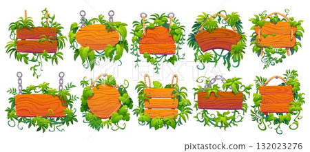 Wooden sign boards with tropical jungle lianas set. Information notice or road wooden signpost with jungle vine shrubs. Hanging on rope and chain cartoon vector sign boards with liana plant leaves 132023276