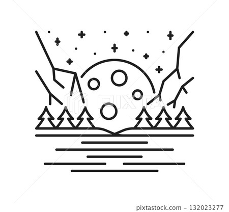 Night forest river landscape line icon or sign. Outdoor travel scene outline vector icon, nature view symbol. Mountain environment landscape sign with full moon, starry sky and trees on river bank 132023277