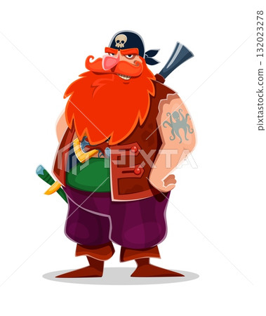 Corsair pirate redhead sailor cartoon character. Strong and muscular pirate isolated vector character with big red beard and kraken octopus tattoo, wearing bandana, armed with musket rifle and sword 132023278