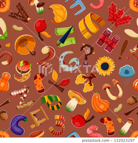 Autumn font, Thanksgiving fall typeface letters seamless pattern. Autumn fall season seamless vector backdrop. Thanksgiving pattern with rosehip, leaves, mushrooms, socks and scarfs alphabet letters 132023297