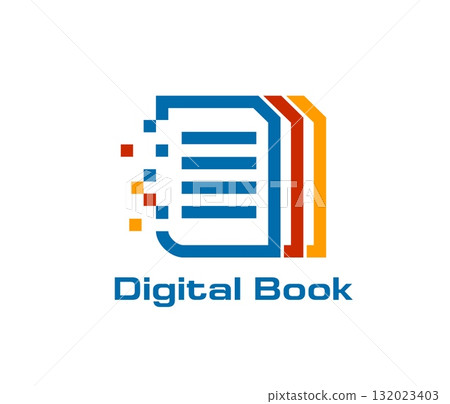 Online bookstore digital book icon or symbol. University digital book abstract symbol, distant education graphic vector icon. Online library technology emblem with book colorful pages and typography 132023403