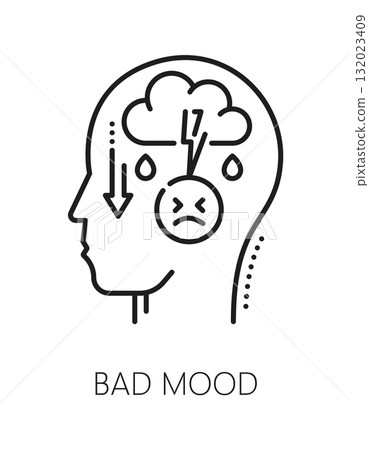 Bad mood mental health, psychology line icon or sign. Cognitive disorder problem linear vector icon, psychology pictogram. Mental health sign with head silhouette and thunderstorm cloud, sad emoji Bad mood mental health, psychology line icon or sign. Cognitive disorder problem linear vector icon, psychology pictogram. Mental health sign with head silhouette and thunderstorm cloud, sad emoji 132023409