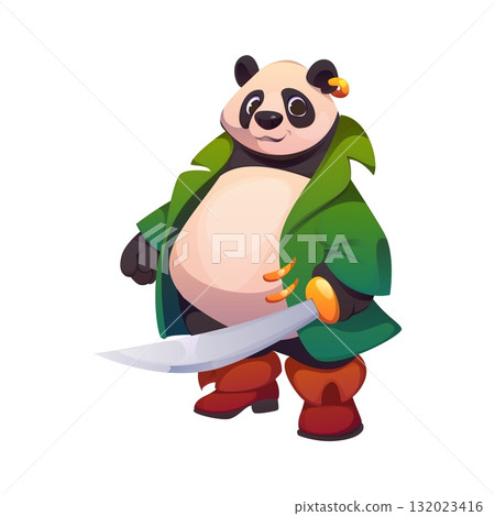 Cartoon panda bear animal pirate cute character. Corsair captain funny animal isolated vector cartoon character. Panda bear personage with golden earring, wearing green coat and holding cutlass sword 132023416