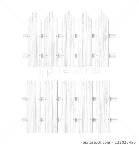 White wooden fence with nails, picket, timber textured in cartoon style isolated on white background.  132023456