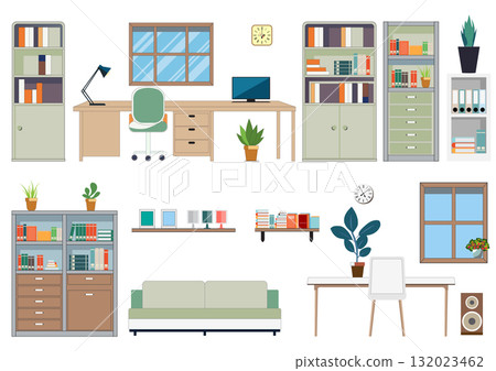 A collection of isolated office furniture in flat cartoon vector style. 132023462
