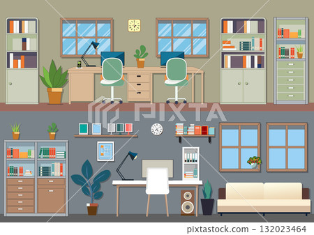 A minimalist office interior featuring a wooden table, shelves, and a chair. 132023464