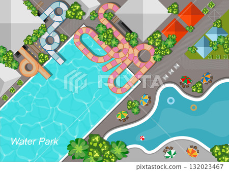 Aerial view of water park and slides.Relaxing on a summer day. Aerial view of water park and slides.Relaxing on a summer day. 132023467