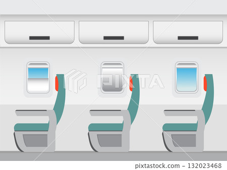 An airplane interior in flat cartoon style. Features business class seating with chairs and porthole windows. 132023468
