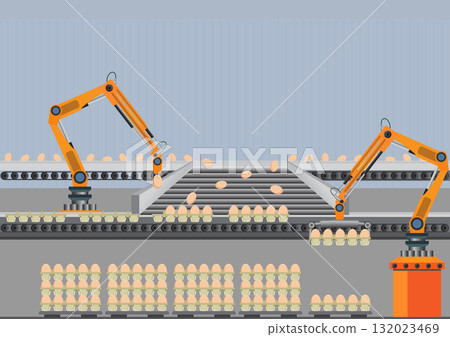 Chicken eggs production industrial conveyor belt. 132023469