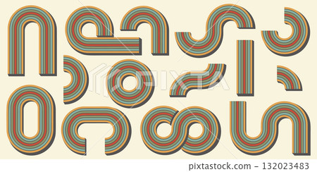 Abstract rainbow shapes. Retro 70s graphic for poster. Vector arches and wavy stripes. Creative simple curved elements set Abstract rainbow shapes. Retro 70s graphic for poster. Vector arches and wavy stripes. Creative simple curved elements set 132023483
