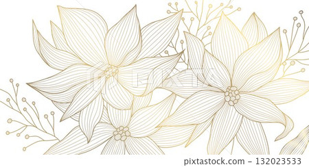 Elegant golden floral background with seasonal botanical elements, line vector style. Perfect for luxury holiday cards, wedding invitations, and modern winter or spring design projects 132023533
