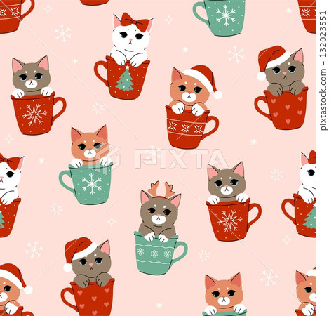 Seamless pattern with Christmas cats sitting in mugs. Vector graphics. Seamless pattern with Christmas cats sitting in mugs. Vector graphics. 132023551