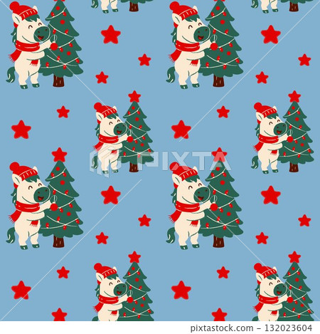 Cute Christmas Horse Hugging Tree Seamless Pattern 132023604