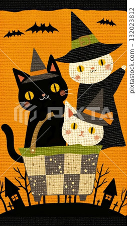 Halloween illustration with cats in witch hats, bats, haunted house 132023812