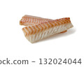 Two pieces of fresh frozen cod fish fillet isolated on white background front view 132024044
