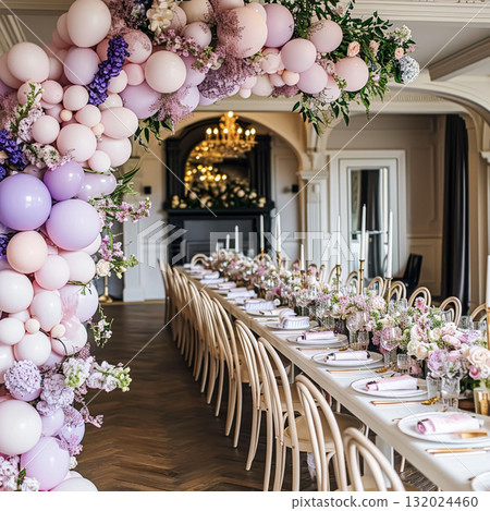Birthday table decoration with sweets, flowers, candles and pink balloons. Birthday table decoration with sweets, flowers, candles and pink balloons. 132024460
