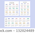 Set of 2026 yearly calendar in modern square, horizontal and portrait size layout with colorful month headers. Minimal typography, clean design, printable full year planner template. Vector. 132024489