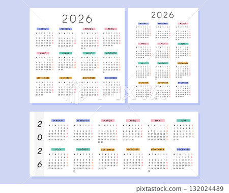 Set of 2026 yearly calendar in modern square, horizontal and portrait size layout with colorful month headers. Minimal typography, clean design, printable full year planner template. Vector. 132024489