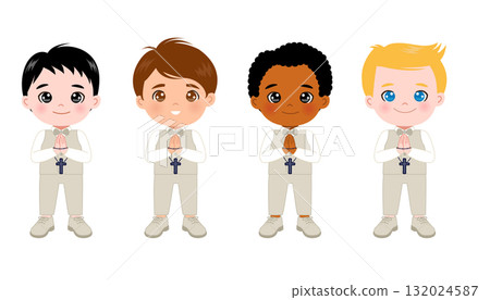 Cute boy with formal attire and rosary for First communion event Cute boy with formal attire and rosary for First communion event 132024587